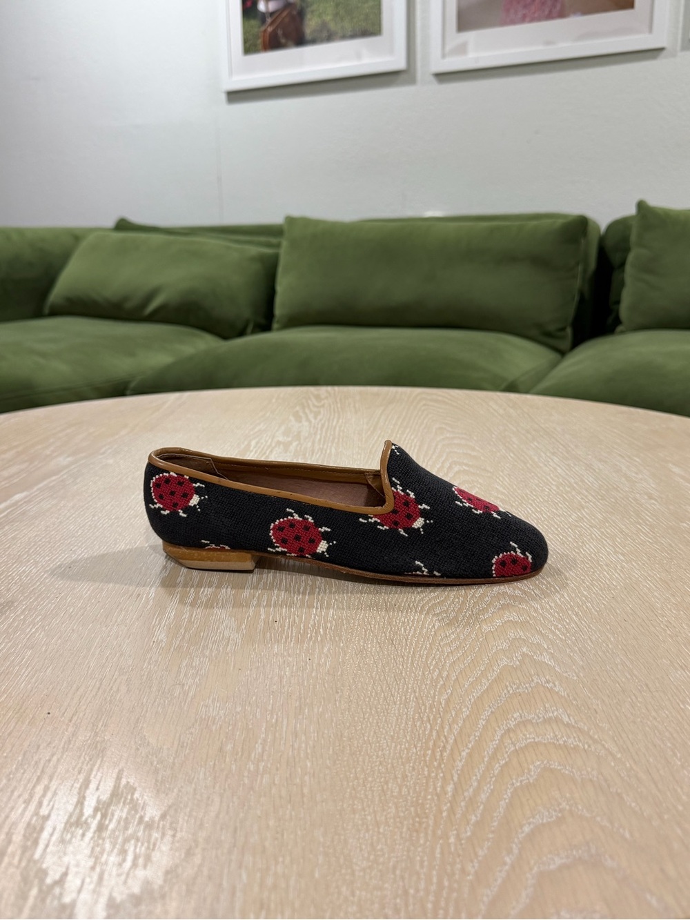 Zalo Black Loafer with Red Floral Dot Embroidery